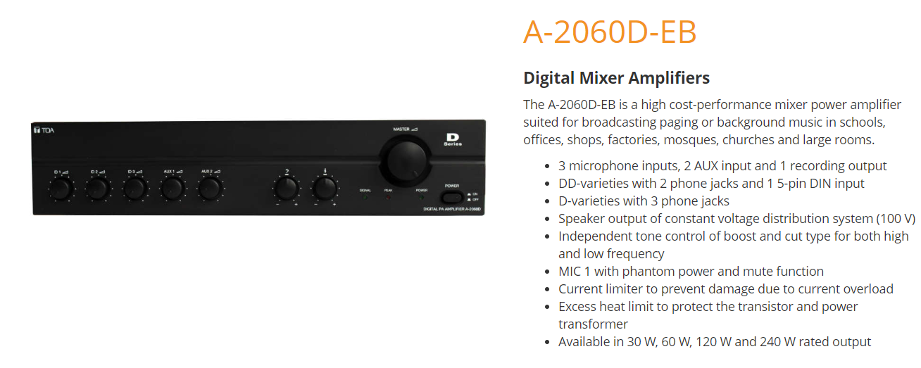 TOA A-2060D-EB Digital Mixer Amplifier